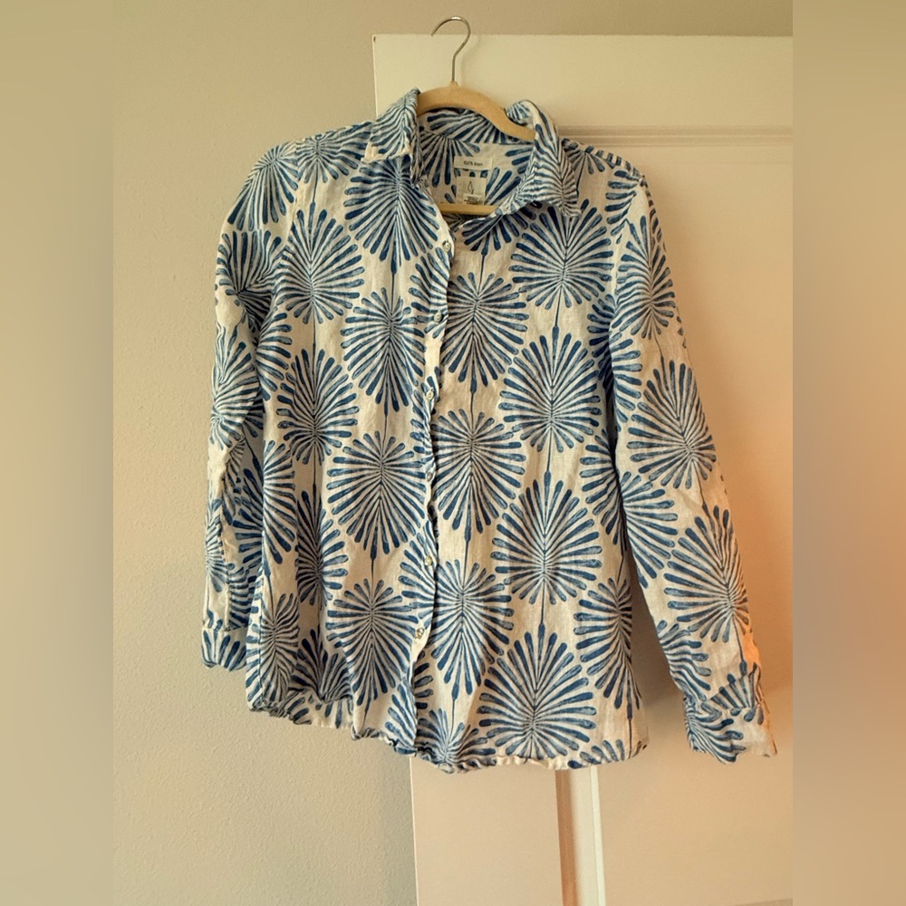 Joie White Linen Shirt with Blue Burst Print